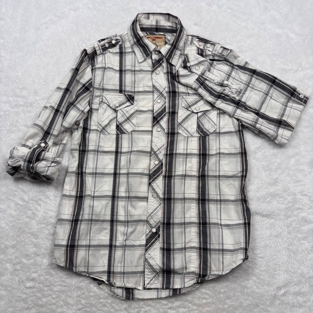 Western Button Shirt Men S White Black Plaid Pearl Snap Rodeo Cowboy Military - Picture 7 of 14